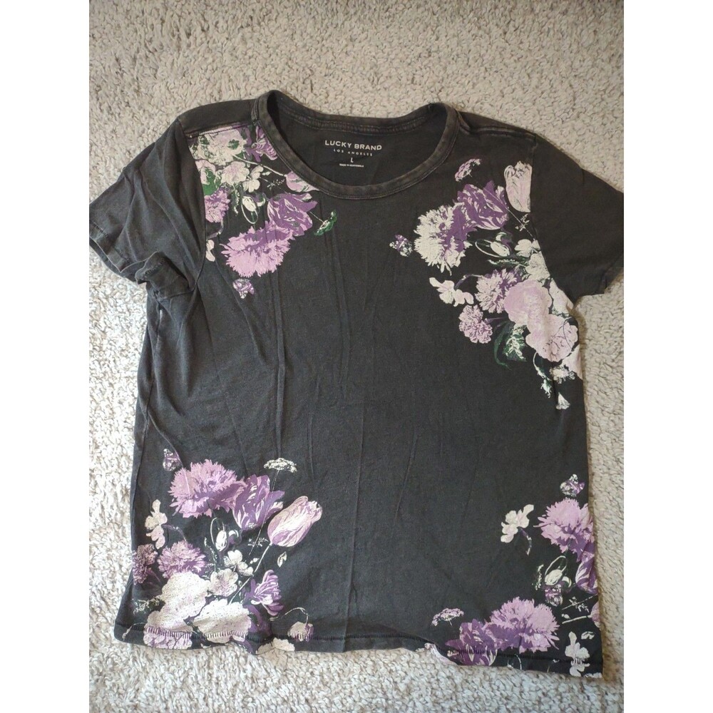 Lucky Brand Tshirt Top Large Black Colorful Floral Design Stretchy Lightweight